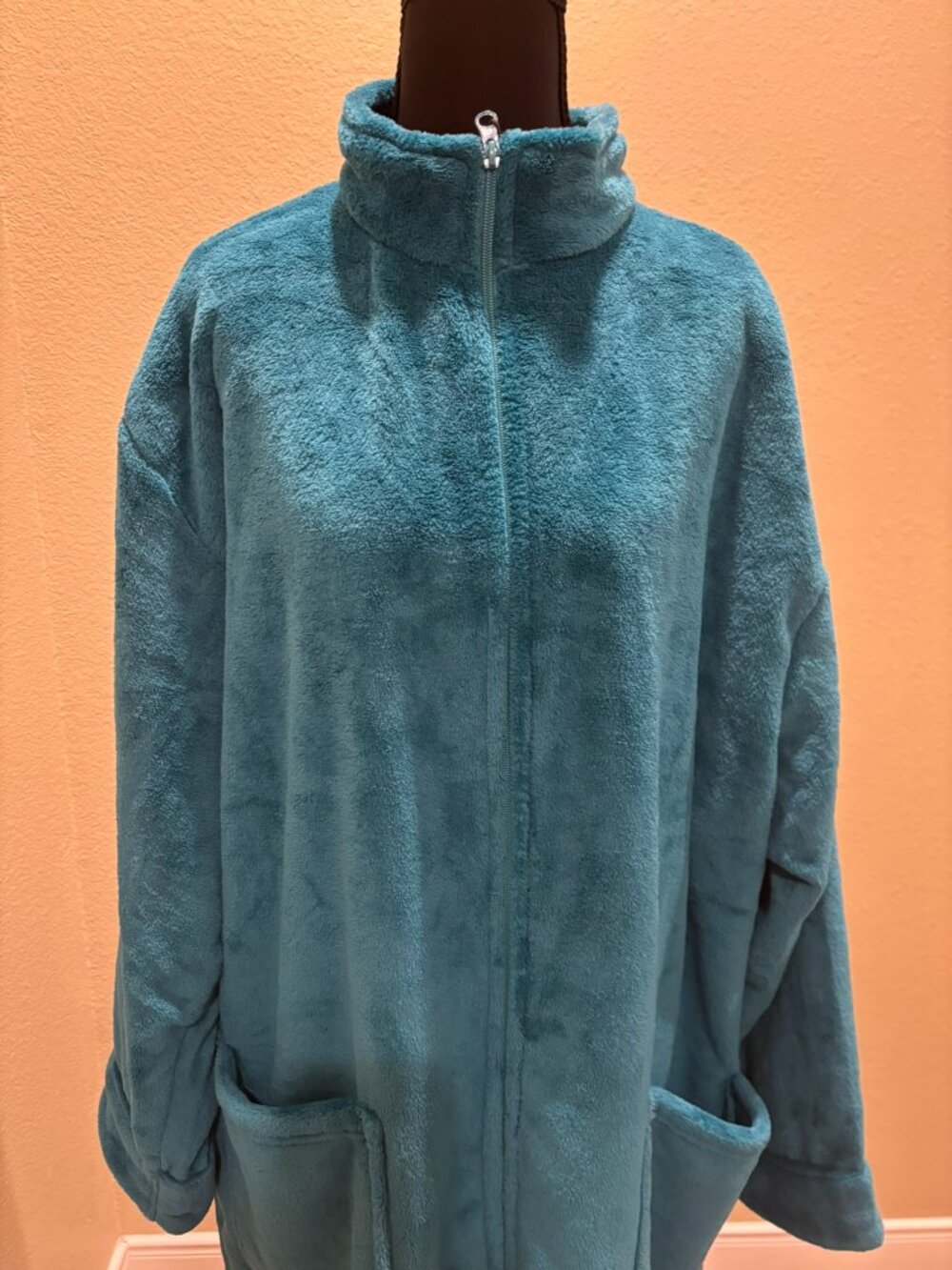 NWT Alexander Del Rossa Plush Zip Front Robe Housecoat Teal Green 2X Plus - Picture 3 of 12